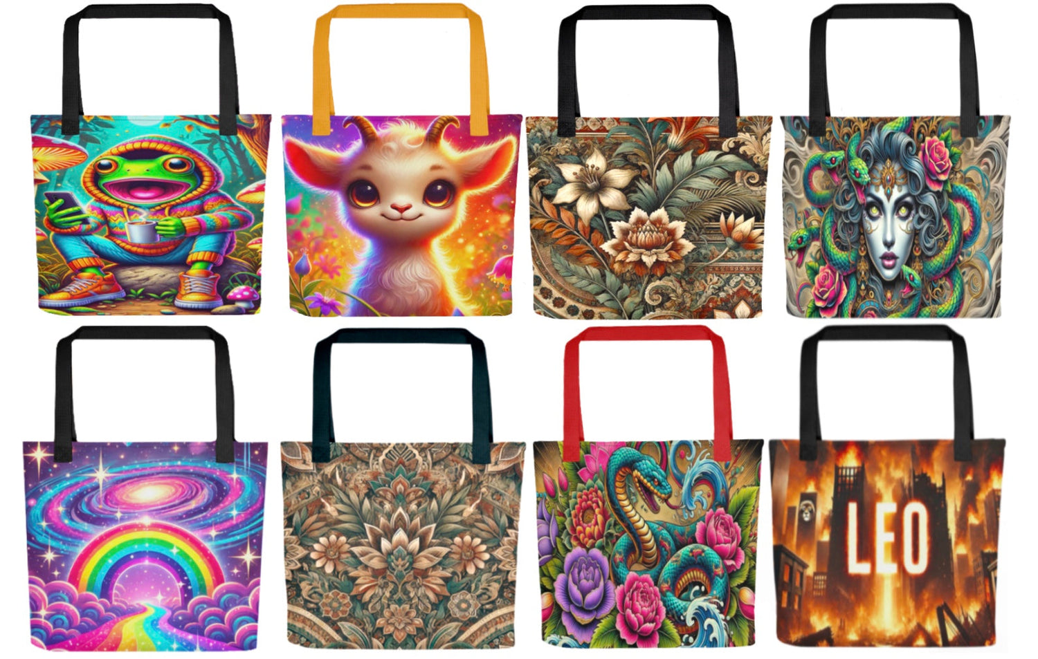 Frog Design Tote, Baby Goat Tote, Botanic Tote, Medusa Tote, Rainbow Galaxy Tote, Aztec Style Tote, Snake &amp; Flowers Tote, Leo Zodiac Tote  